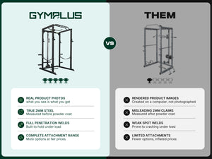 Gym Plus L4 Power Rack with Cable Pulley System GP-ATT-L4-COMBO comparison of Gym Plus product with other brands. We use real product photos, true 2mm steel, full penetration welds, complete attachment range