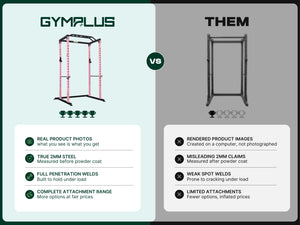 Gym Plus Essential Power Rack - Pink comparison of Gym Plus with other brands. We use real product photos, true 2mm steel, full penetration welds, and complete attachment range