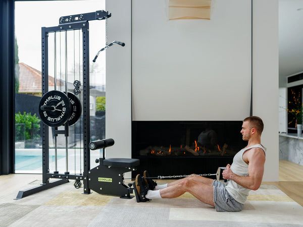 Gym Plus Lat Pulldown Low Row Machine with Aluminium Pulley Wheels - L4 Pro Series GP-LTD2002-A man performing a low row exercise