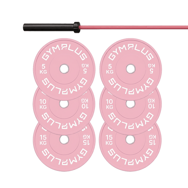 Gym Plus Cerakote Pink Olympic Barbell & Bumper Plate Set – 60kg/100kg BAR+60KG-PINK
