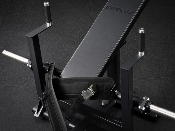 Gym Plus Hip Thrust Machine - Plate Loaded BELT-HT-01 close up of bench and belt
