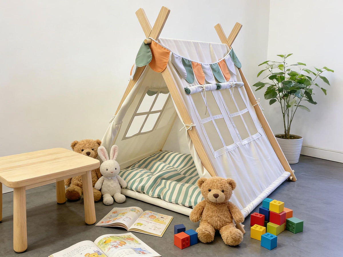 MEMAX Cozy Cove Kids Wooden Play Tent with Play Mat