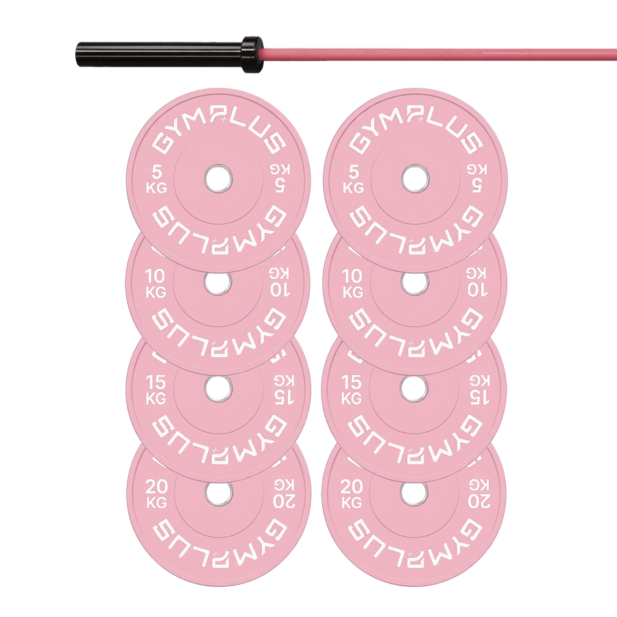 Gym Plus Cerakote Pink Olympic Barbell & Bumper Plate Set – 60kg/100kg BAR+100KG-PINK