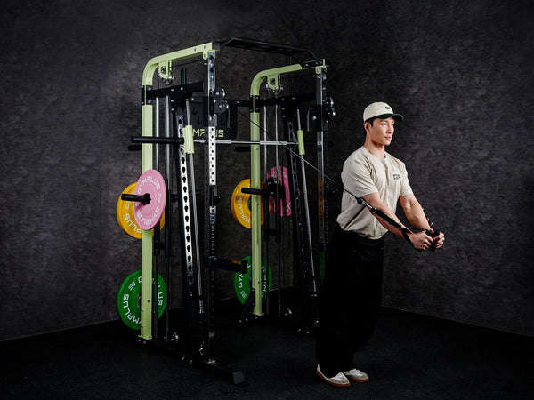 Gym Plus Icon All-in-one Functional Trainer PJ-FA-MATCHA a man performing cable chest fly