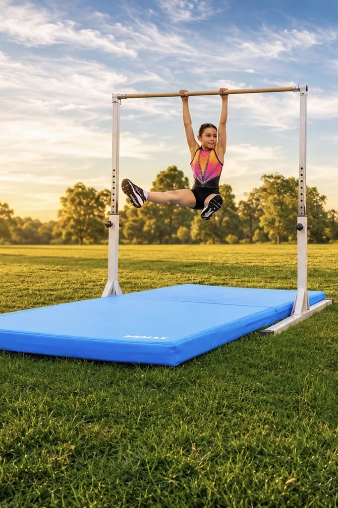 Child performing a gymnastic routine on a horizontal bar set outdoors with a blue mat below.