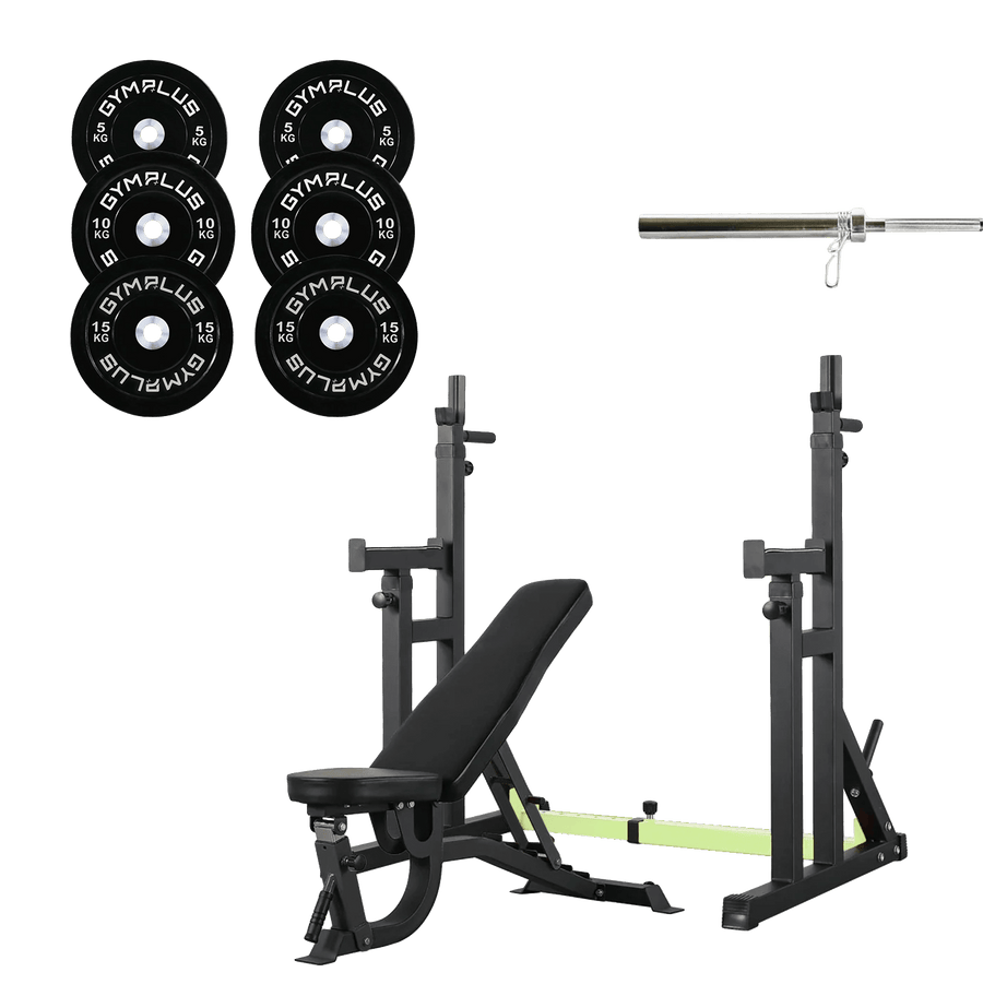All-in-One Home Gym Lifting Starter Package - Bench, Rack, Barbell and Bumper Plates Set