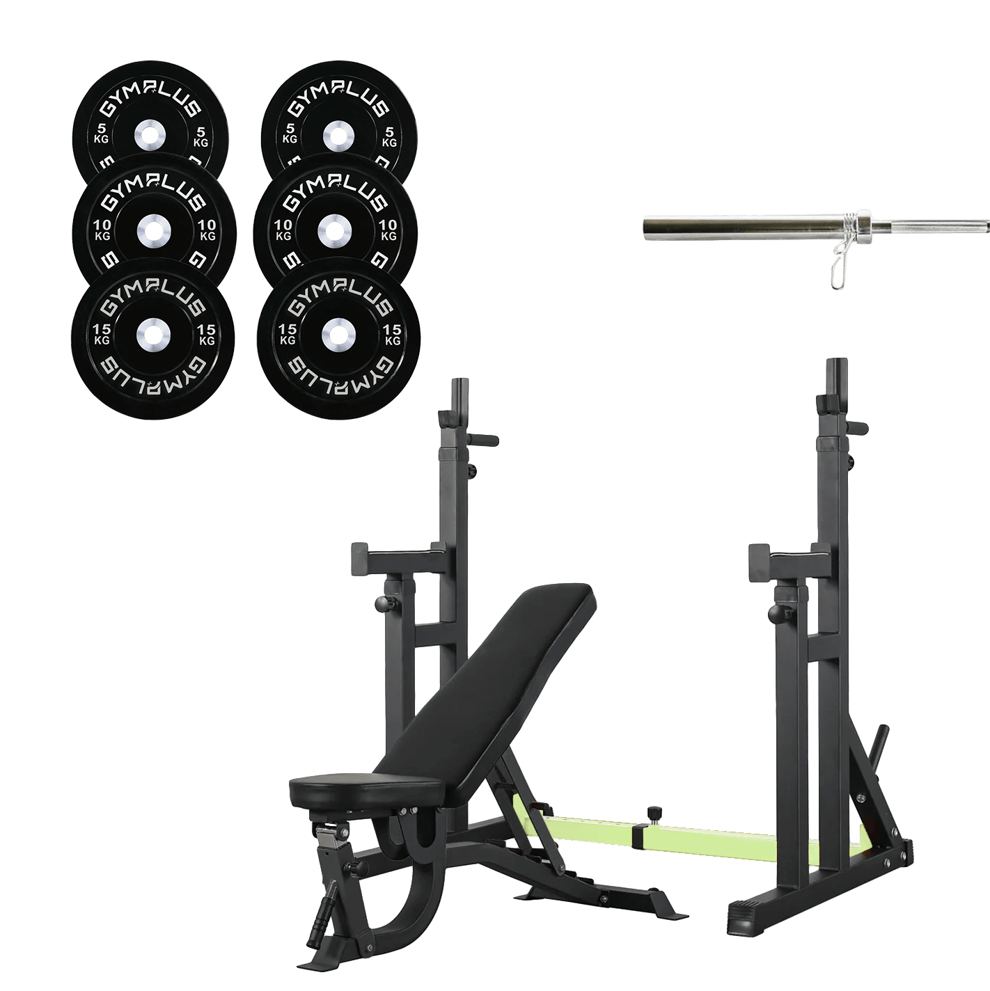 All-in-One Home Gym Lifting Starter Package - Bench, Rack, Barbell and Bumper Plates Set