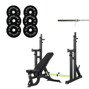 All-in-One Home Gym Lifting Starter Package - Bench, Rack, Barbell and Bumper Plates Set