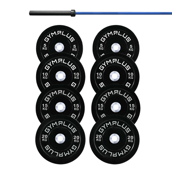 Gym Plus Cerakote Olympic Bar 20KG and Bumper Plates Set DOMBLUE+B100