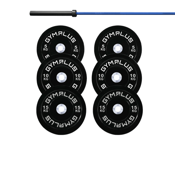 Gym Plus Cerakote Olympic Bar 20KG and Bumper Plates Set DOMBLUE+B60