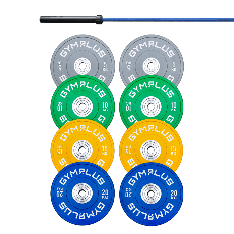 Gym Plus Cerakote Olympic Bar 20KG and Bumper Plates Set DOMBLUE+C100