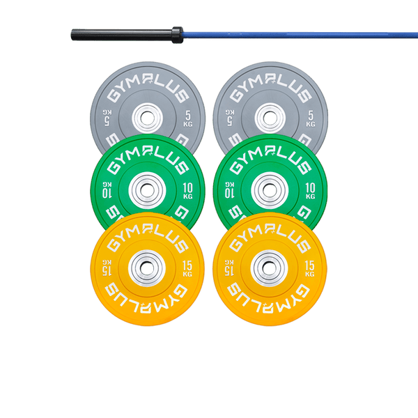 Gym Plus Cerakote Olympic Bar 20KG and Bumper Plates Set DOMBLUE+C60