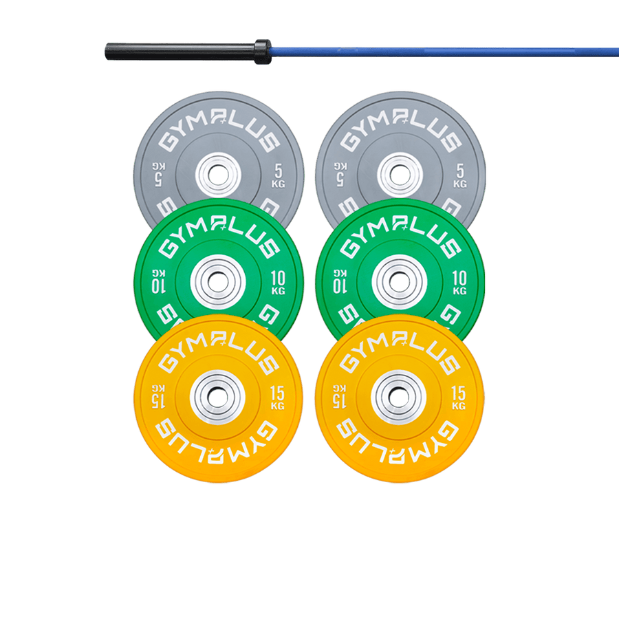 Gym Plus Cerakote Olympic Bar 20KG and Bumper Plates Set DOMBLUE+C60