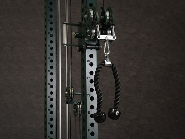 Gym Plus 2 to 1 Cable Adapter 2-1-ADAPTER cable adapter used with Tricep Rope cable attachment on a rack
