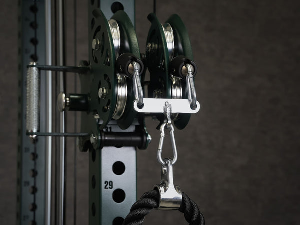 Gym Plus 2 to 1 Cable Adapter 2-1-ADAPTER close up of cable adapter used with Tricep Rope cable attachment on a rack