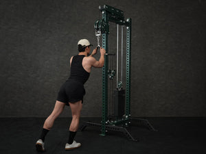 Gym Plus Extended Tricep Bar Cable Attachment with Rubber Grips TRICEP-BAR a man is performing pull down using the cable attachment