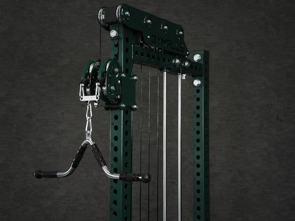 Gym Plus Extended Tricep Bar Cable Attachment with Rubber Grips TRICEP-BAR tricep bar cable attachment is being attached to Evolve Cable Tower