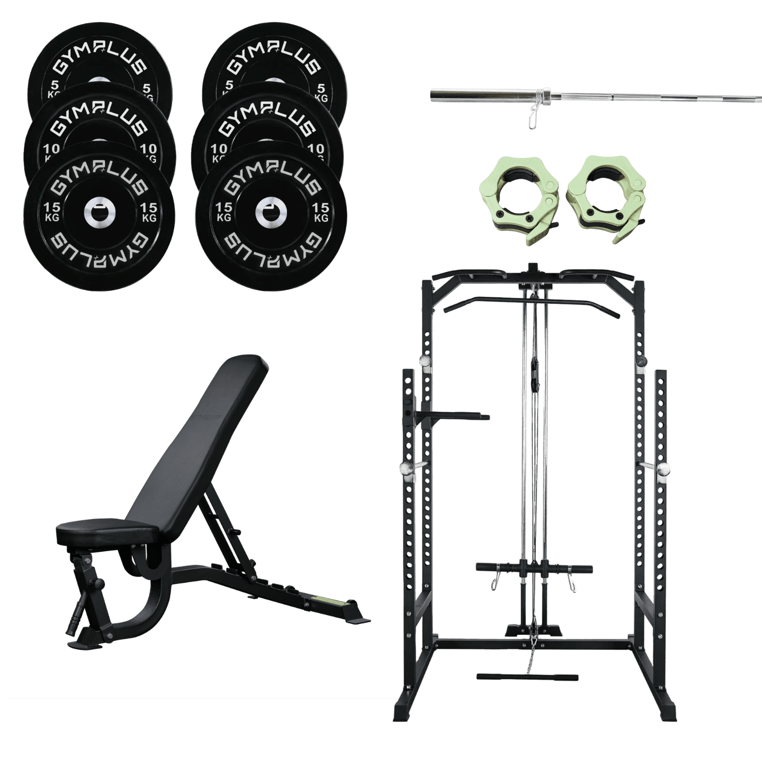 Gym Plus Home Gym Lifting Intermediate Package - Bench, Rack with Pulldown, Barbell and Bumper Plates Set HALFRACK-HD-PCK