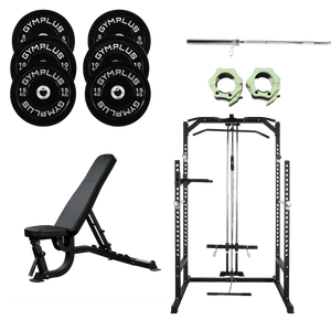 Gym Plus Home Gym Lifting Intermediate Package - Bench, Rack with Pulldown, Barbell and Bumper Plates Set HALFRACK-HD-PCK