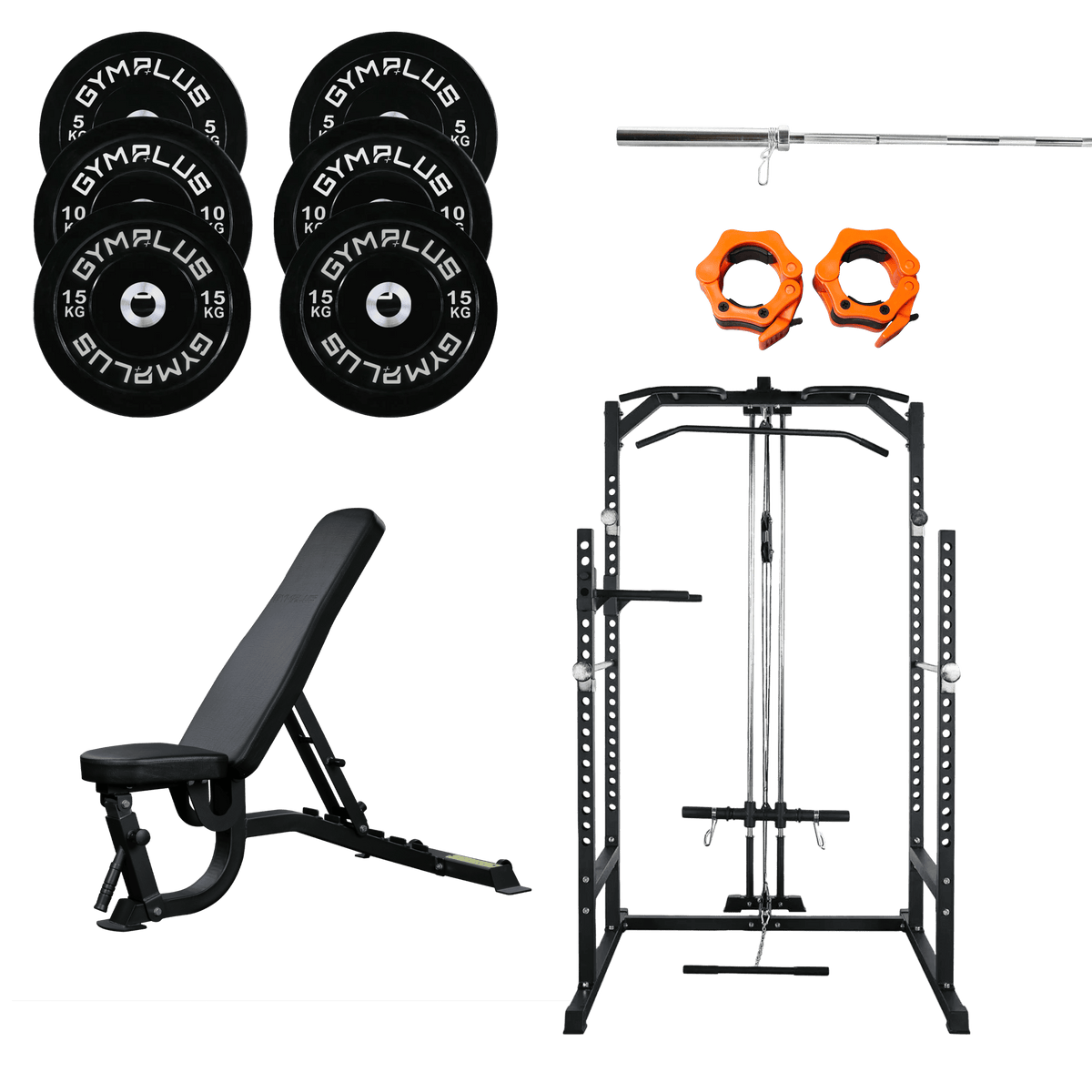 Gym Plus Home Gym Lifting Intermediate Package - Bench, Rack with Pulldown, Barbell and Bumper Plates Set HALFRACK-HD-PCK