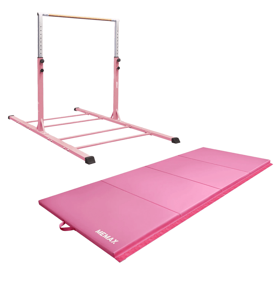 Value Combo Advanced Gymnastic Horizontal Bar Long Base Training Bar + Gym Mat (Pink) V2.0