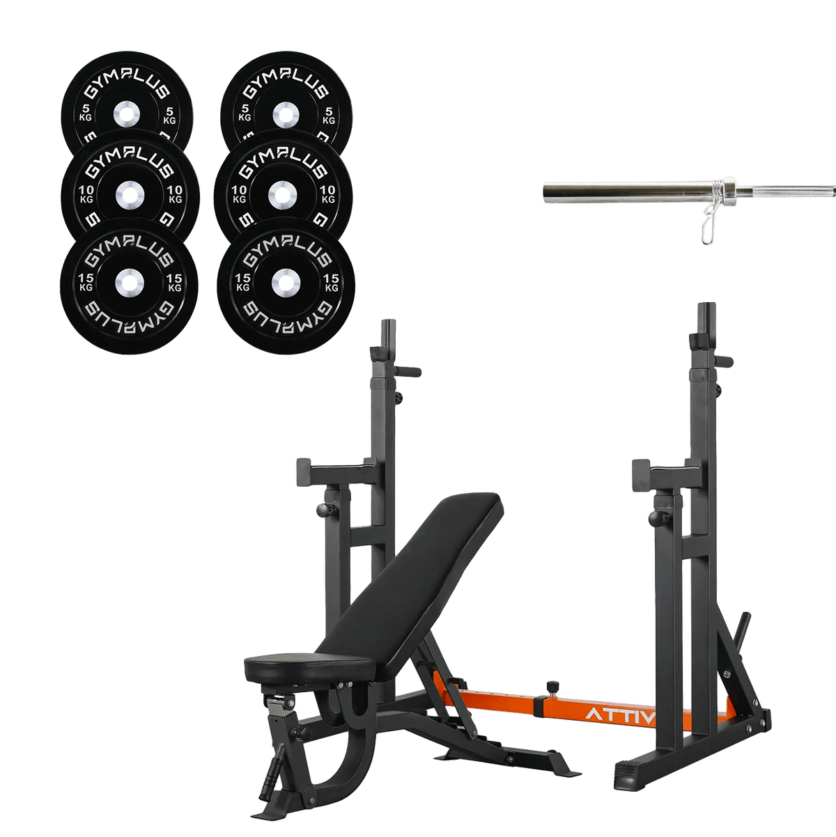 All-in-One Home Gym Lifting Starter Package - Bench, Rack, Barbell and Bumper Plates Set