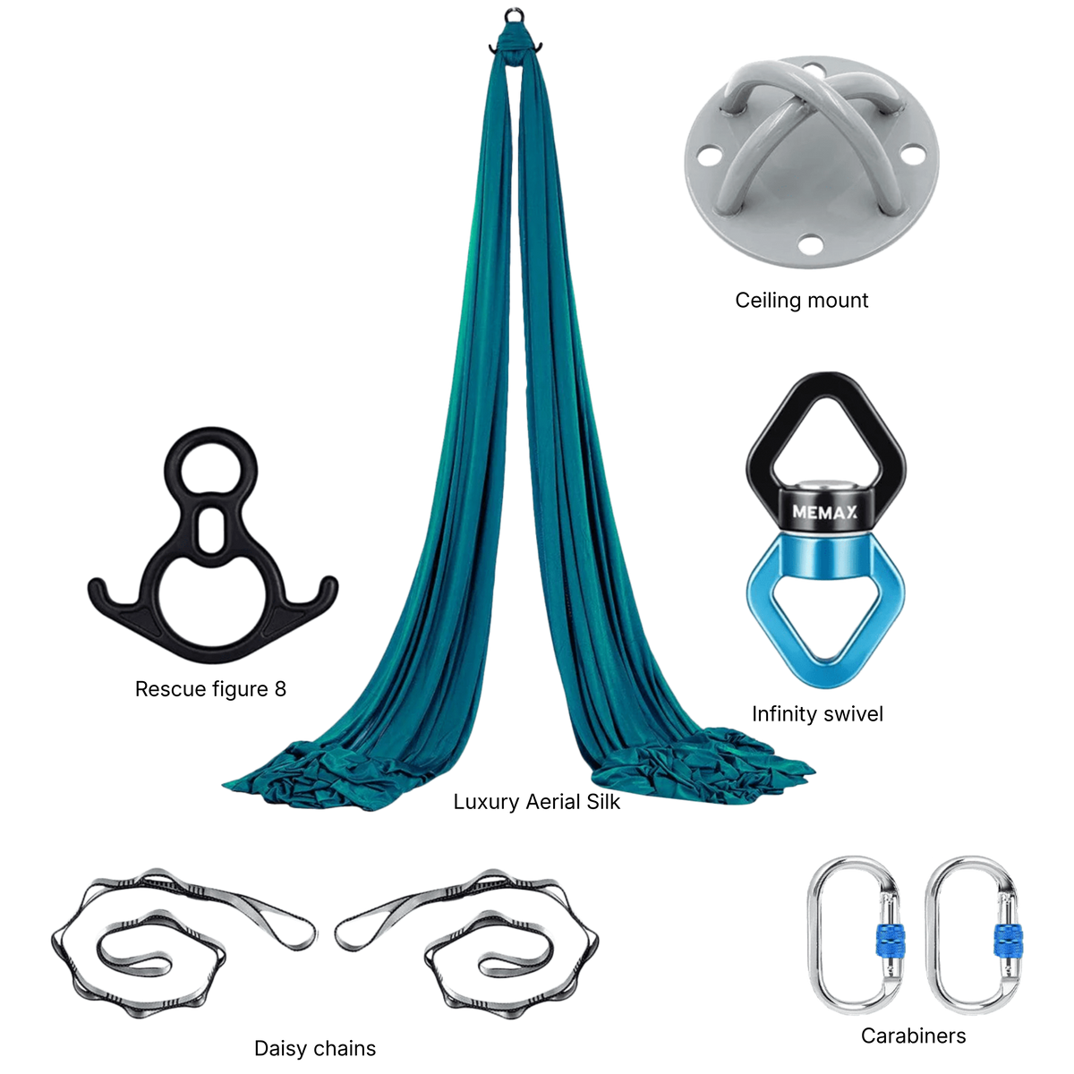 MEMAX Aerial Silks Yoga Swing Hammock Set - 100% Luxury Nylon Tricot Silks, Full Rigging Hardware