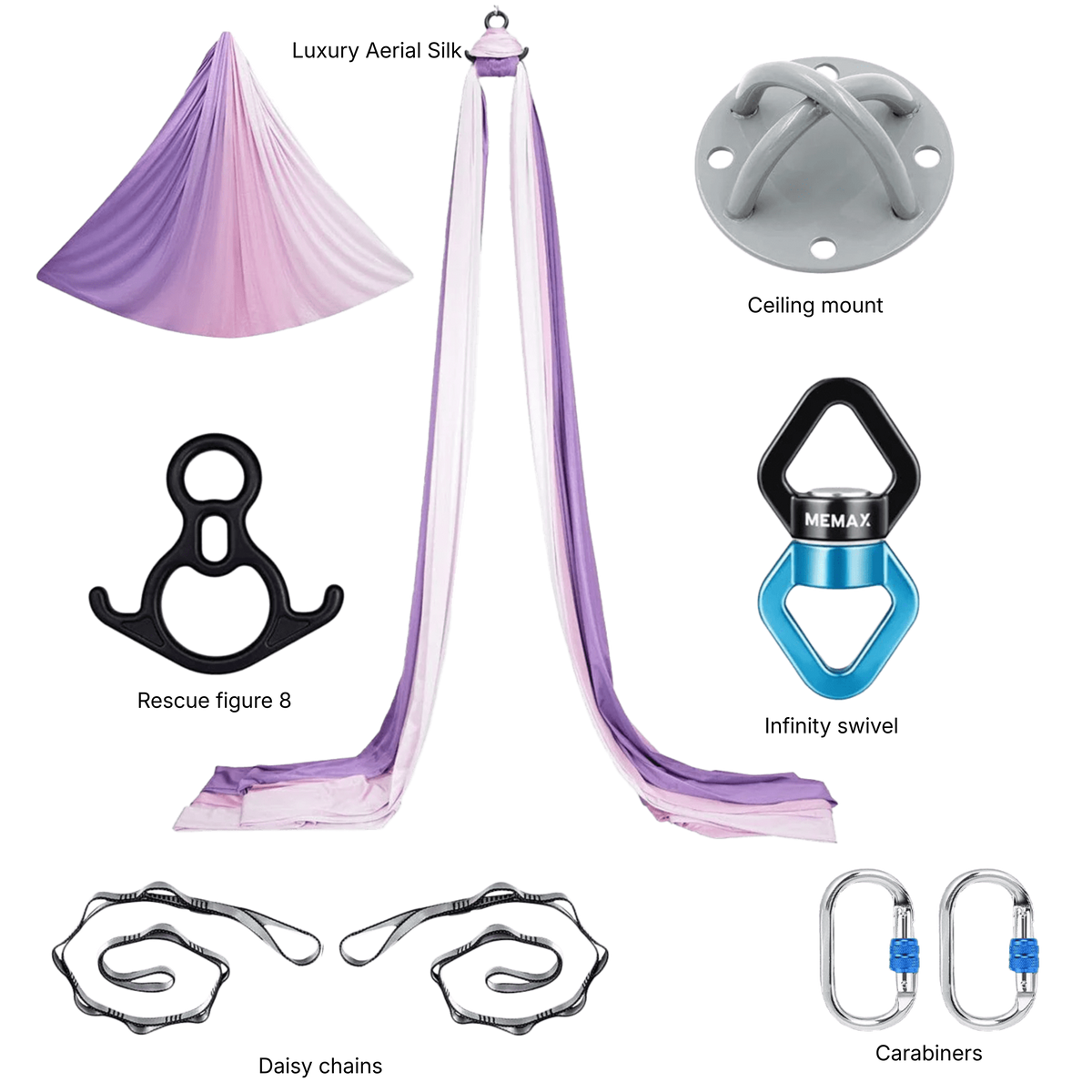 MEMAX Aerial Silks Yoga Swing Hammock Set - 100% Luxury Nylon Tricot Silks, Full Rigging Hardware