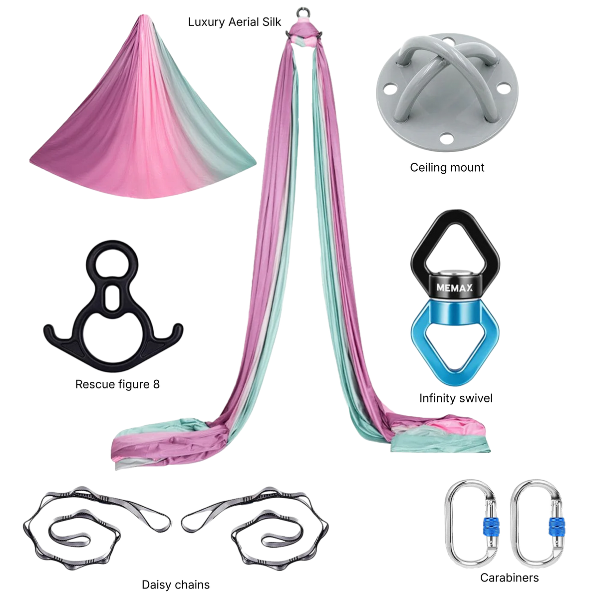 MEMAX Aerial Silks Yoga Swing Hammock Set - 100% Luxury Nylon Tricot Silks, Full Rigging Hardware