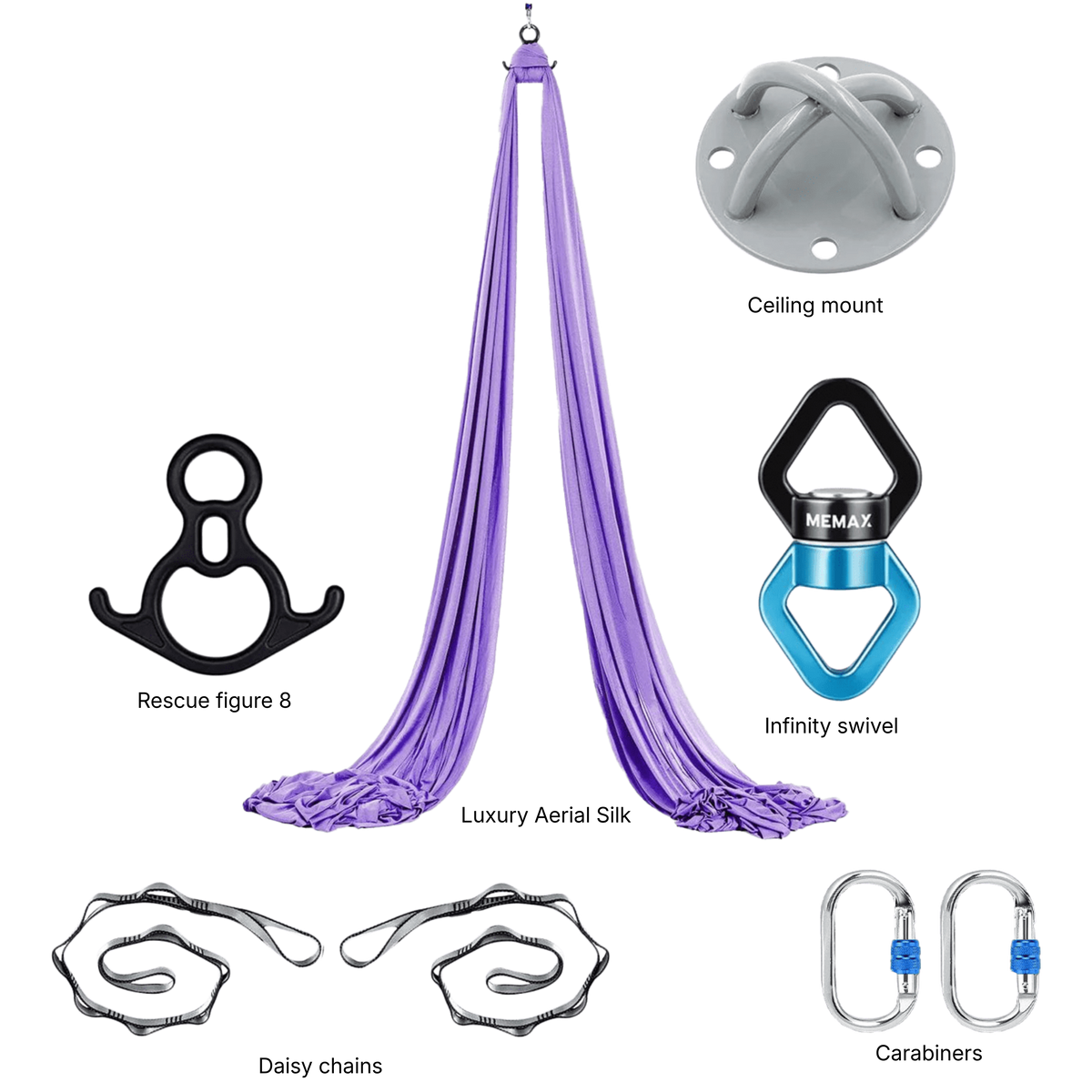 MEMAX Aerial Silks Yoga Swing Hammock Set - 100% Luxury Nylon Tricot Silks, Full Rigging Hardware