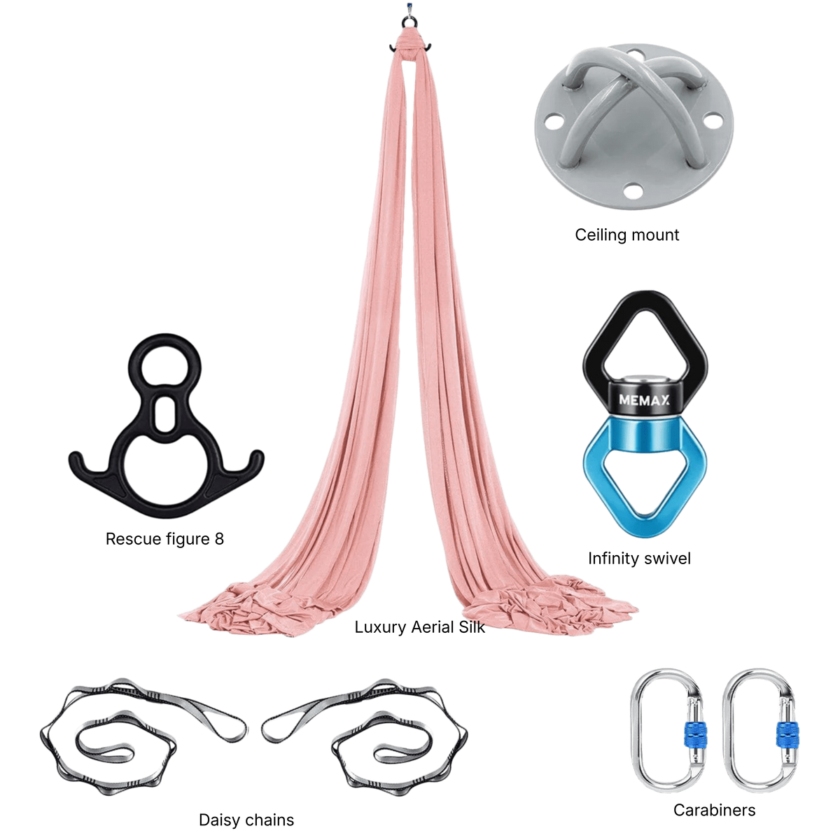 MEMAX Aerial Silks Yoga Swing Hammock Set - 100% Luxury Nylon Tricot Silks, Full Rigging Hardware