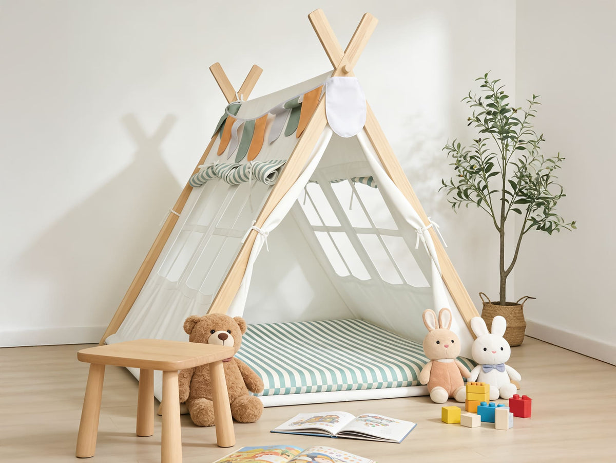 MEMAX Cozy Cove Kids Wooden Play Tent with Play Mat