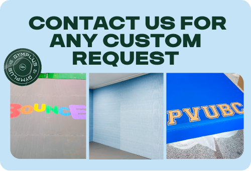 Custom foam padding services advertisement featuring three example photos of custom sports mats with colorful lettering and text reading 'CONTACT US FOR ANY CUSTOM REQUEST' and a 'GYMPLUS' logo.