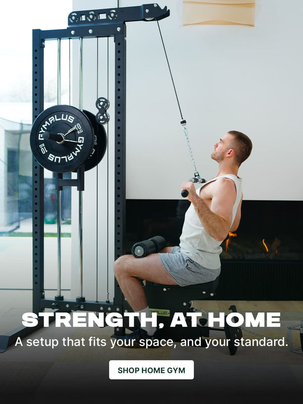 Man exercising on a home gym machine with 'Gymplus' branding.