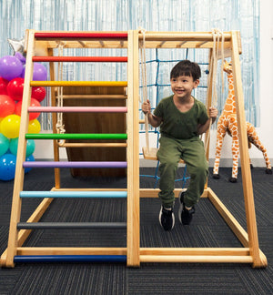 MEMAX Indoor Wooden Play Gym with Slide, Swing & Climber