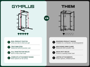 Gym Plus Half Power Rack with Storage and Cable System Option - HR2300 Pink comparison of Gym Plus with other brands. We use real product photos, true 2mm steel, full penetration welds, complete attachment range