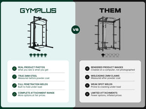 Gym Plus Half Power Rack with Storage and Cable System Option - HR2300 Gym Plus Half Power Rack comparison with other brands. We use real product photos, true 2mm steel, full penetration welds, complete attachment range