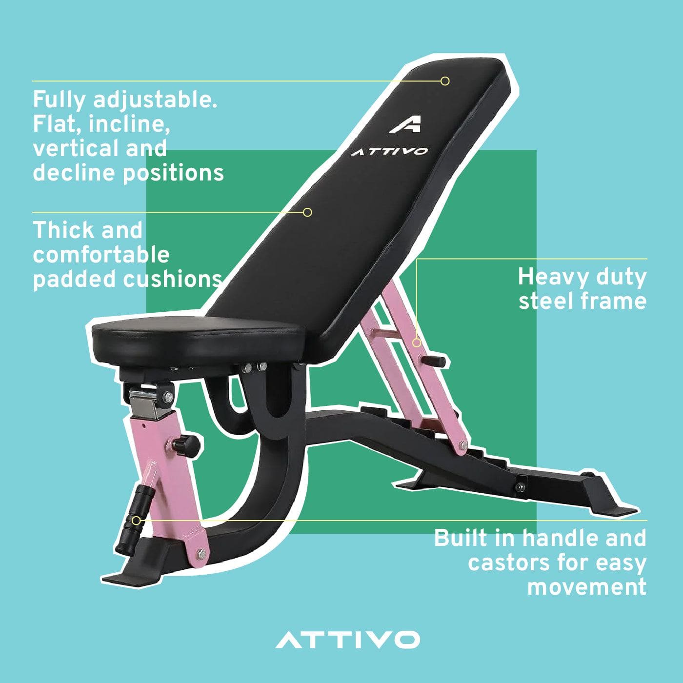 ATTIVO L2 Adjustable Weight Bench Semi Commercial - Pink