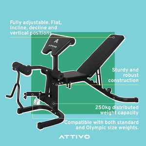 ATTIVO Adjustable Olympic Weight Bench with Preacher Curl Pad