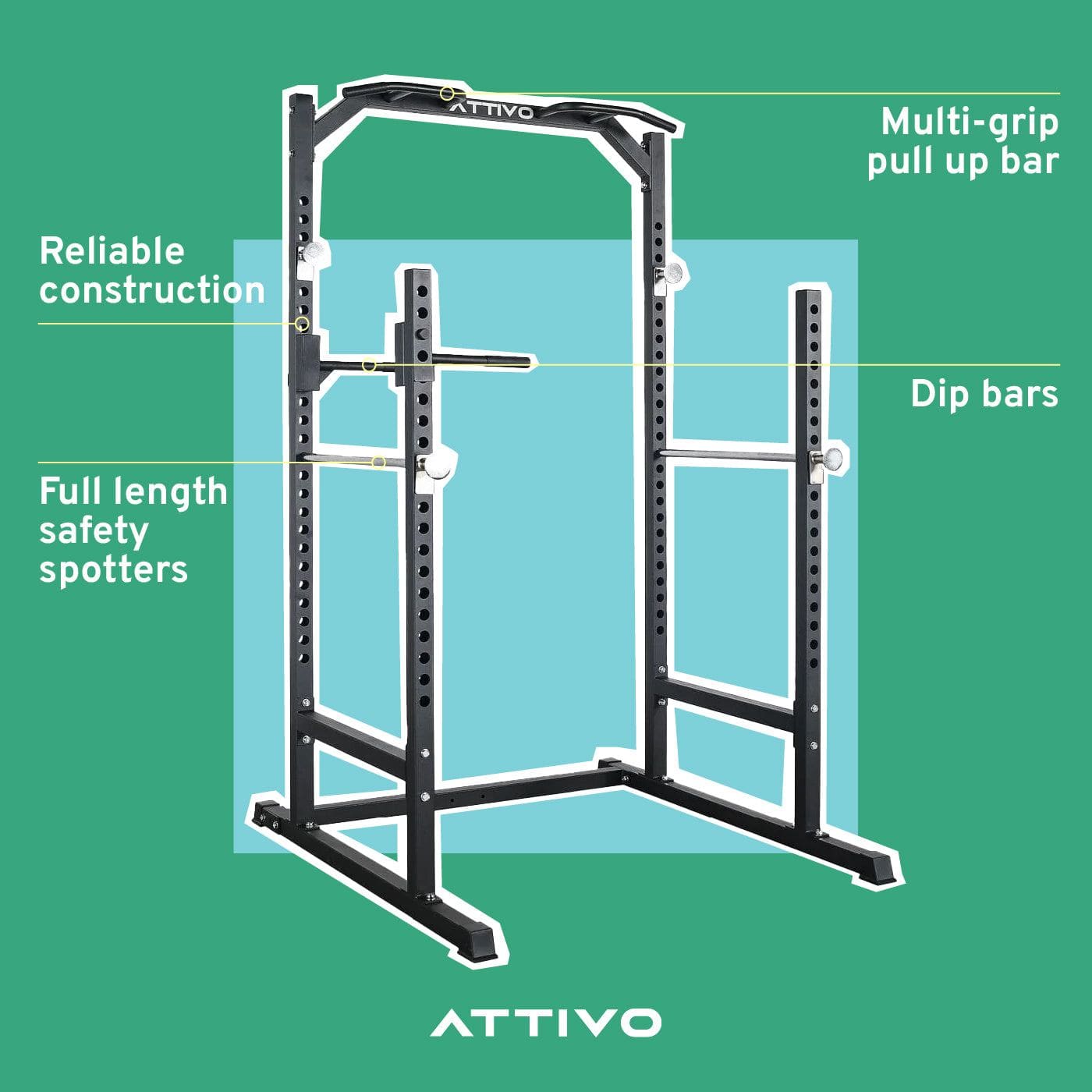 ATTIVO L2 Heavy Duty Half Power Cage Weight Lifting Squat Rack & Dip Station Tower