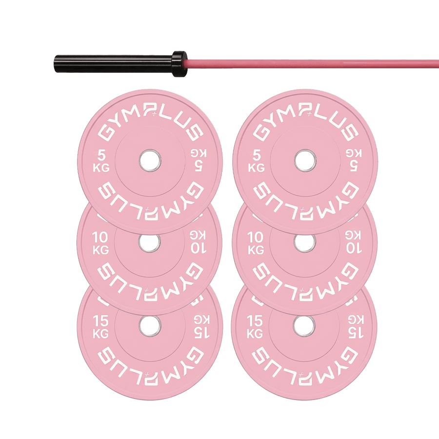 Gym Plus Cerakote Pink Olympic Barbell & Bumper Plate Set – 60kg/100kg BAR+60KG-PINK