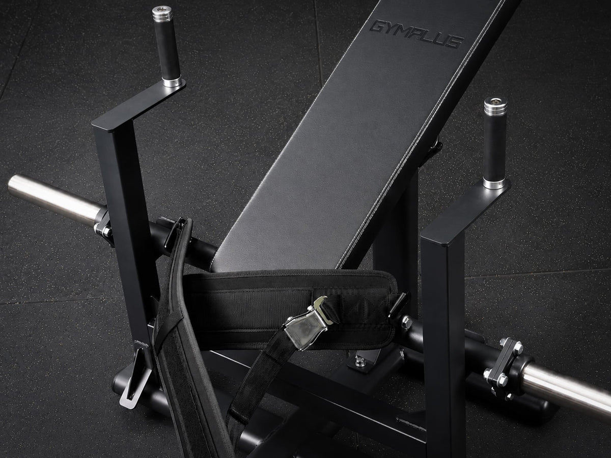 Gym Plus Hip Thrust Machine - Plate Loaded BELT-HT-01 close up of bench and belt