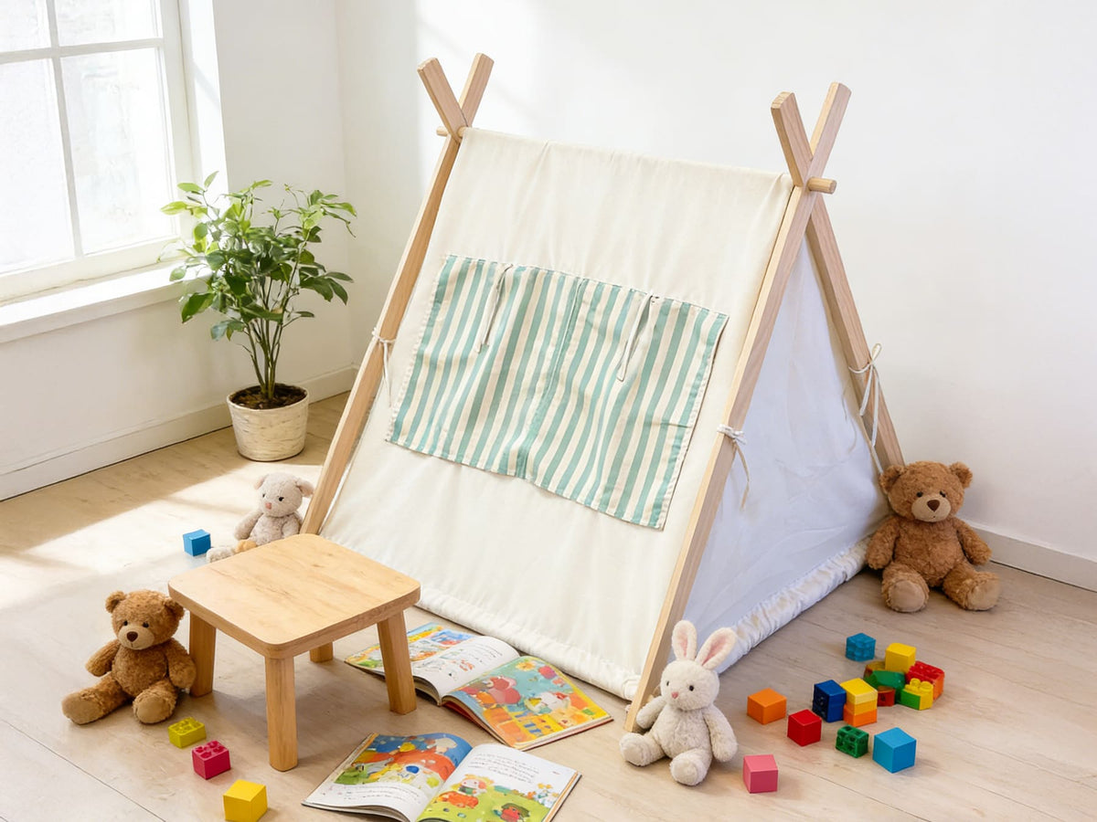 MEMAX Cozy Cove Kids Wooden Play Tent with Play Mat