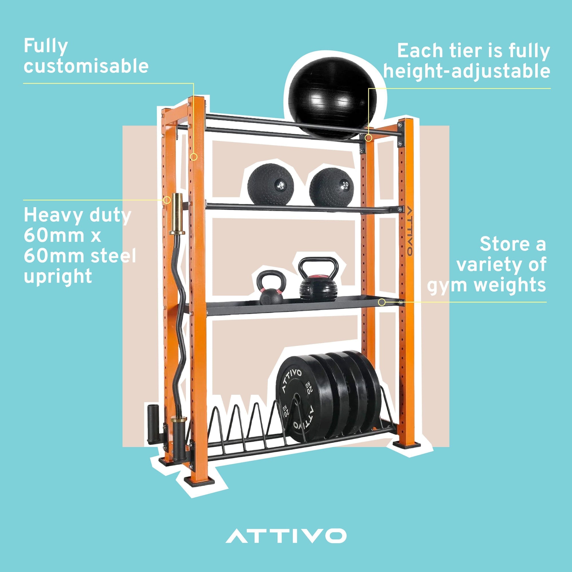 ATTIVO L3 Commercial Weights and Barbell Storage Rack for Barbell, Dumbbells, Kettlebells, and Weight Plates