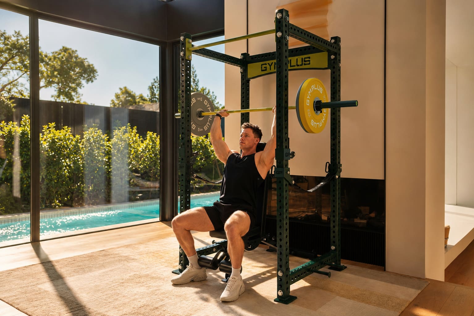 Man exercising on a power rack in a modern home gym with a pool view.