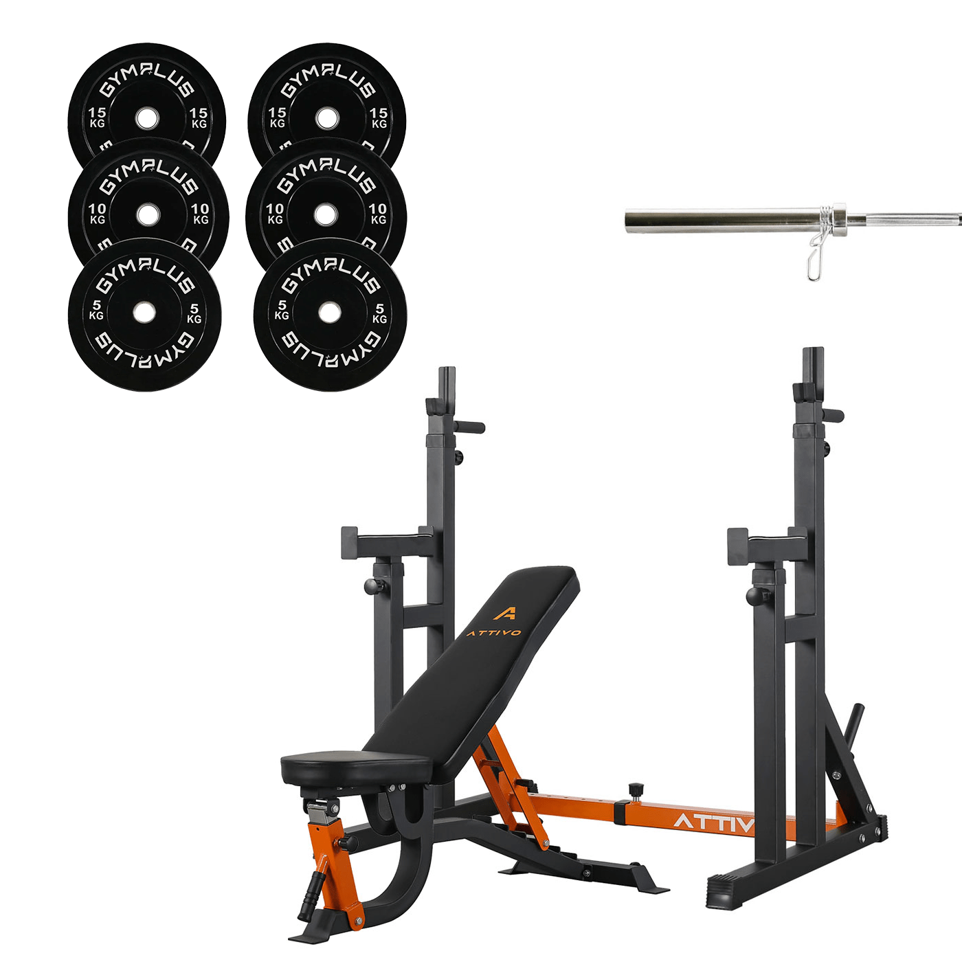 All-in-One Home Gym Lifting Package - Bench, Rack, Barbell and Bumper Plates Set