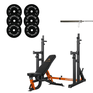 All-in-One Home Gym Lifting Package - Bench, Rack, Barbell and Bumper Plates Set