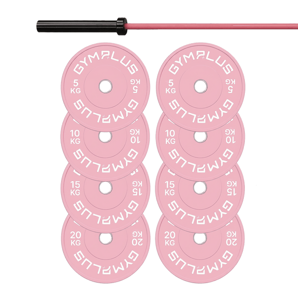 Gym Plus Cerakote Pink Olympic Barbell & Bumper Plate Set – 60kg/100kg BAR+100KG-PINK