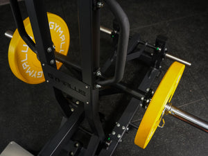 Gym Plus Belt Squat Machine - Plate Loaded BELT-SQUAT-01 close up of multi-angle handle and yellow bumper plates