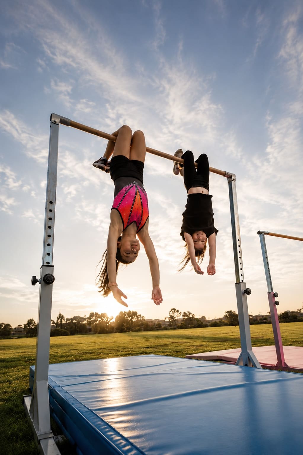 Two children hanging from a horizontal bar outdoors with a sunset sky.